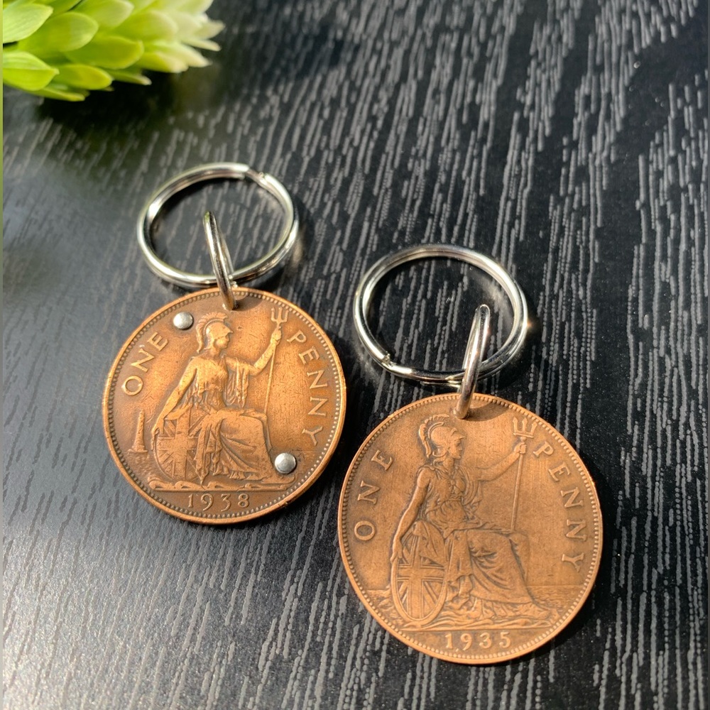 Vintage English Penny Coin Keychain Lot Sterling Rivets World Money Man …